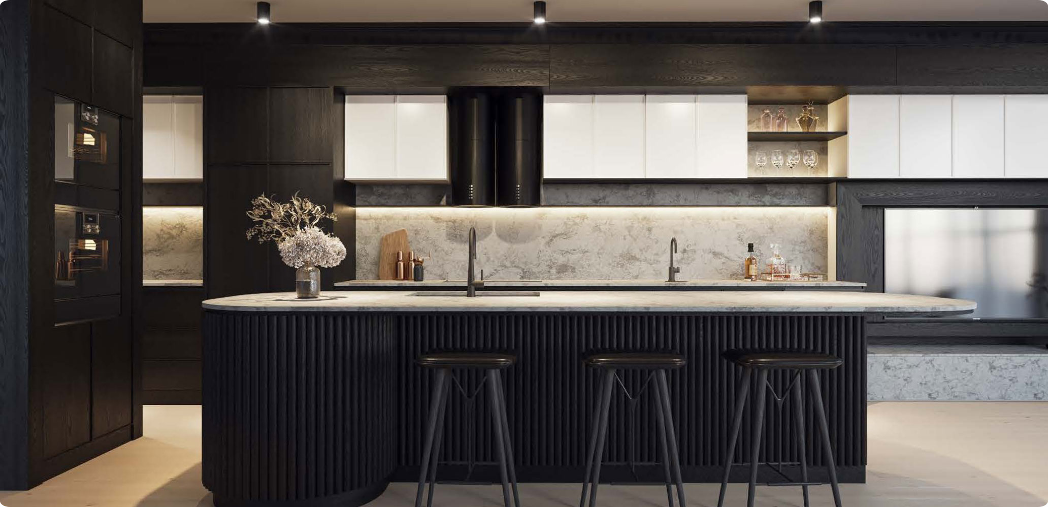 black kitchen with marble features