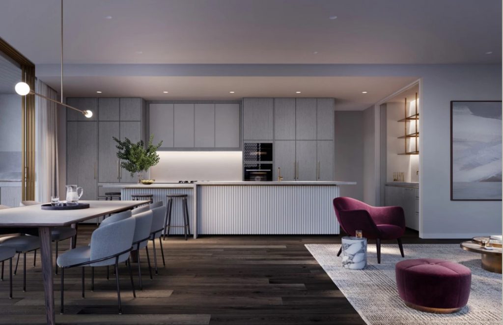 apartment with grey kitchen and mauve furniture