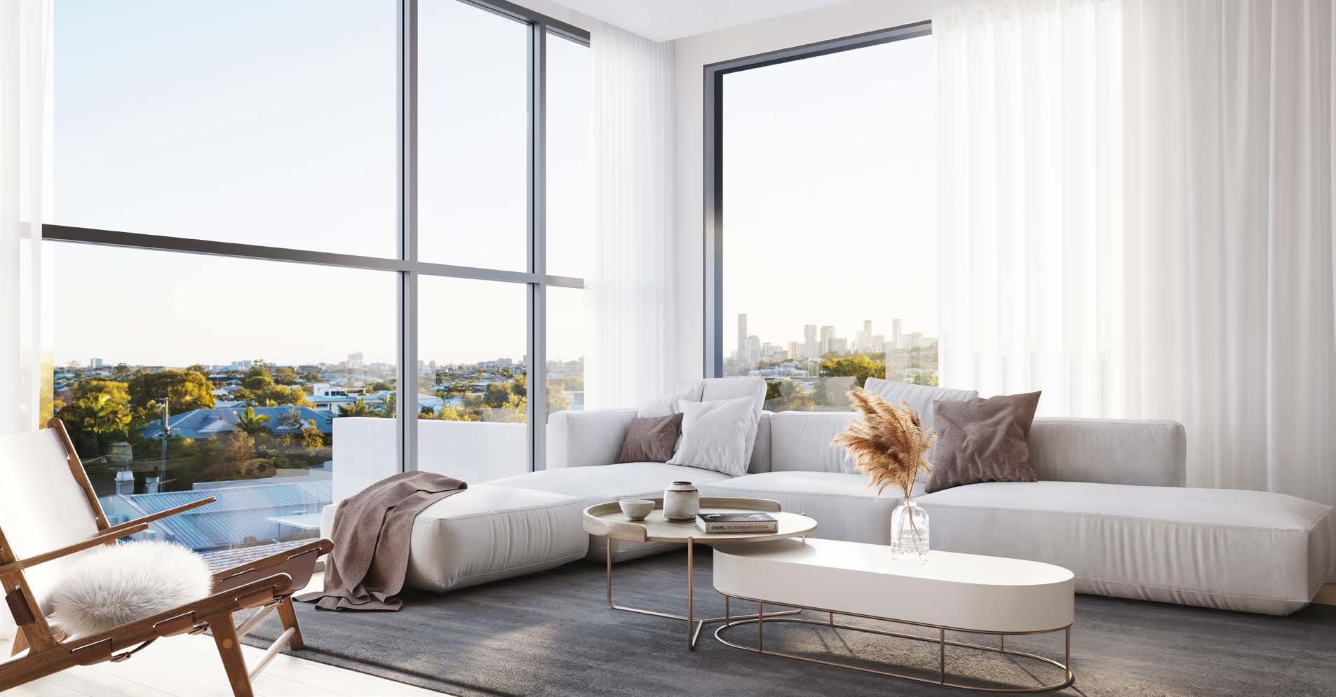 living room in high rise apartment with white couch